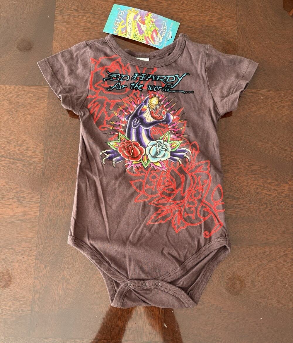 Ed Hardy Vintage 9/12 Months Romper Love Is Mystery Panther Roses